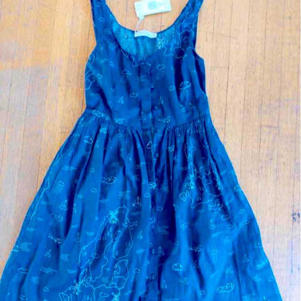 “Sugarhill” Boutique Navy Button Up Dress with Unique Map Pattern